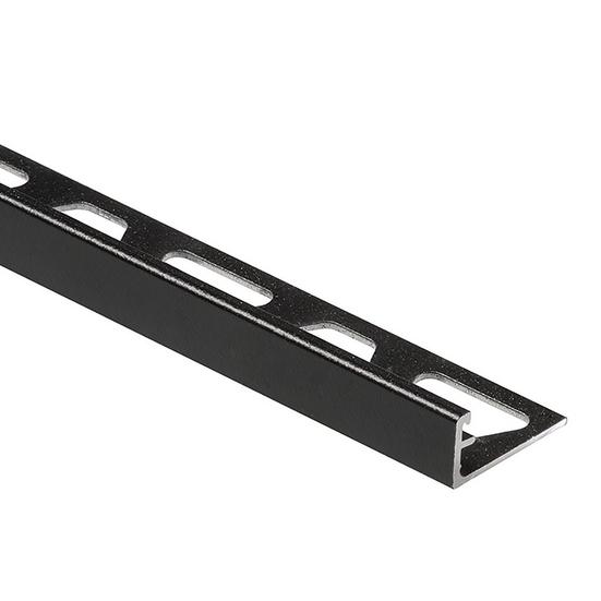 The Schluter Jolly Edge Trim 1/2in. Anodized Aluminum Grey (12mm) by Schluter features a modern design with evenly spaced oval cut-outs. Its sleek, black anodized finish is displayed elegantly against a plain white background.